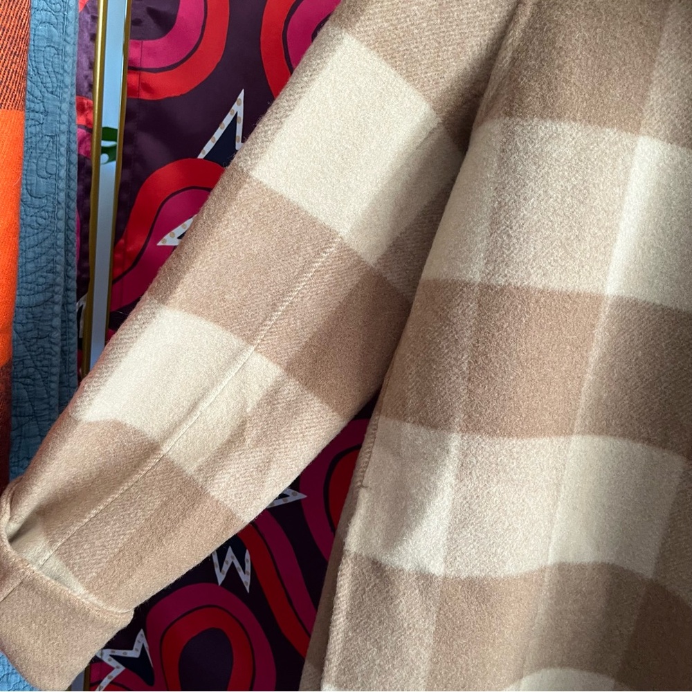Theory Double-Faced Check Overlay Coat Camel Plaid Multi Check Wool Felt Open - Picture 6 of 14